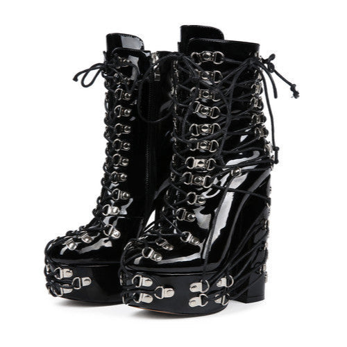 Goth Shiny Latex High Platform Boots for Women