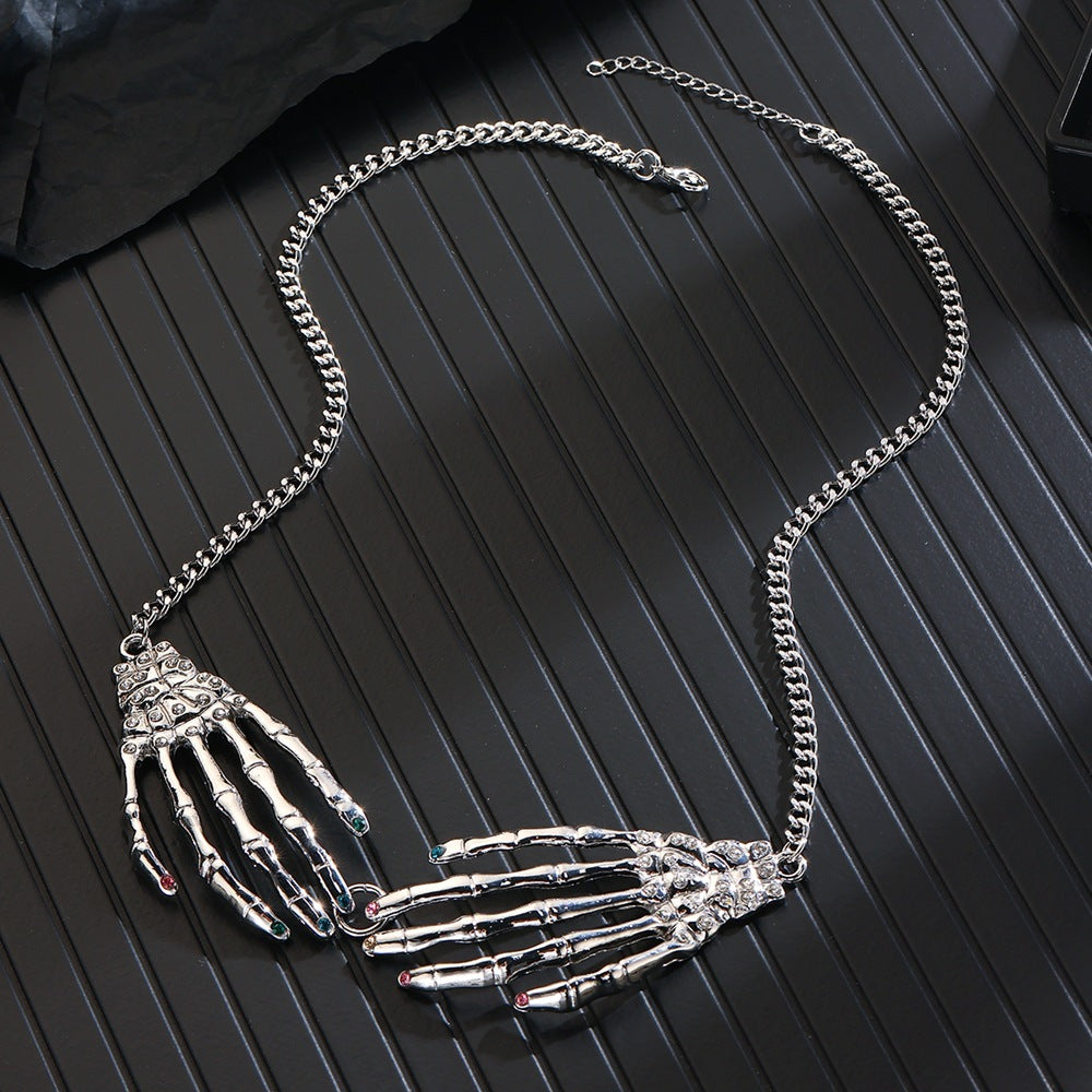 steel Goth Skeleton Hands Necklace Womens