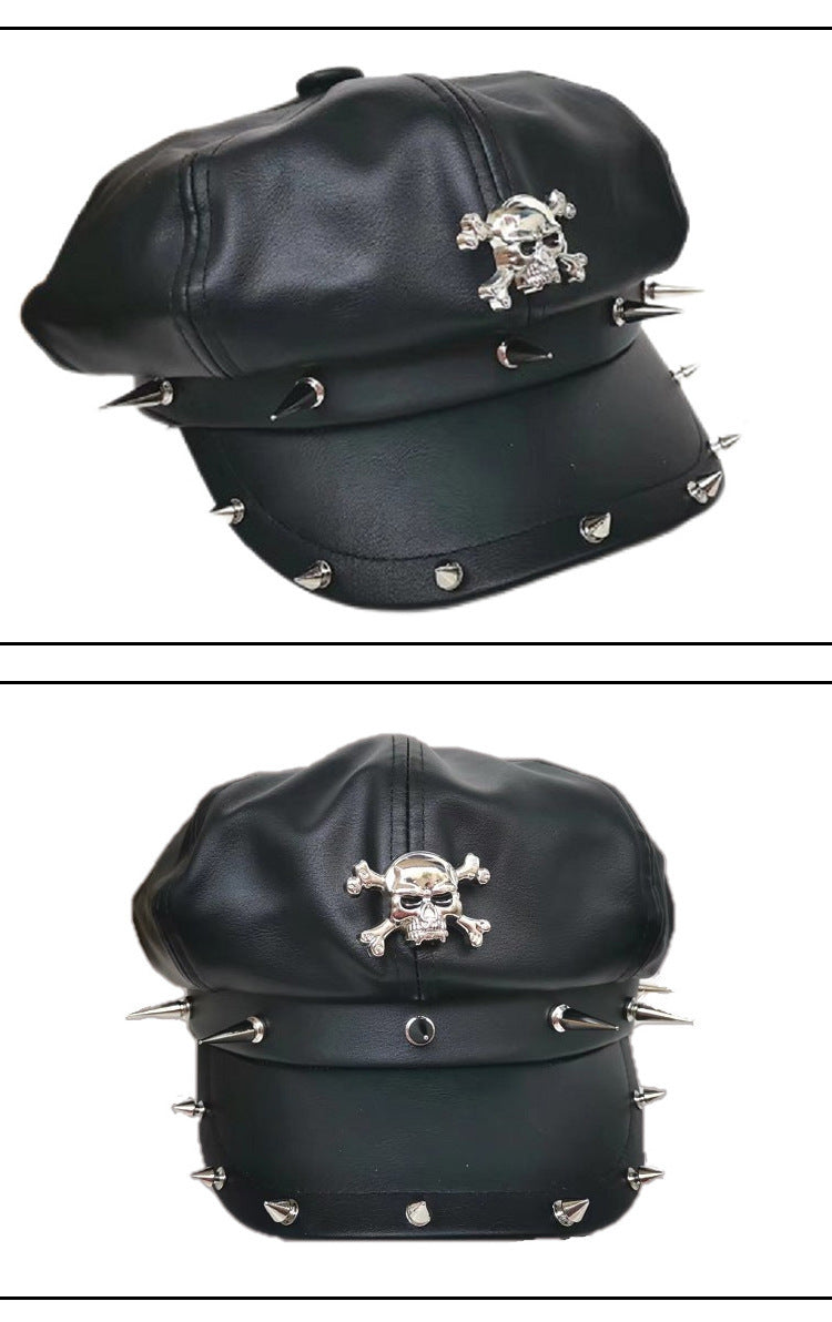 Goth Skull Studded Cap Black Vegan Leather