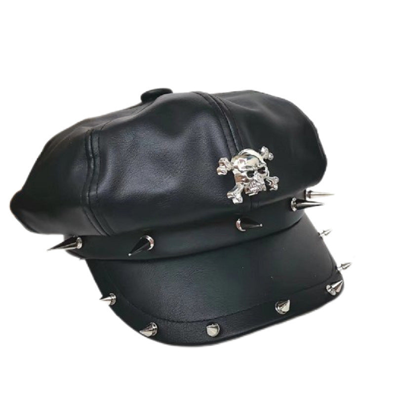 Goth Skull Studded Cap Black Leather