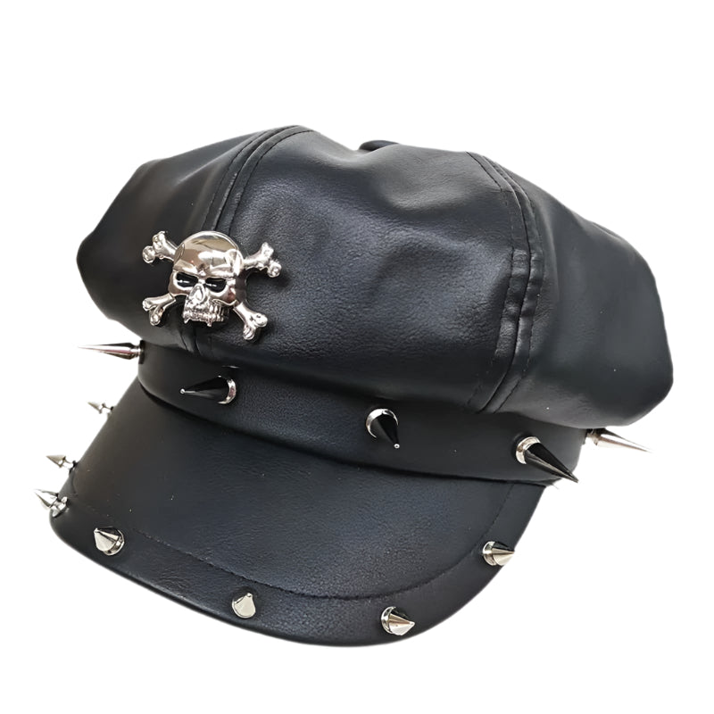 Goth Skull Studded Cap Black Vegan Leather