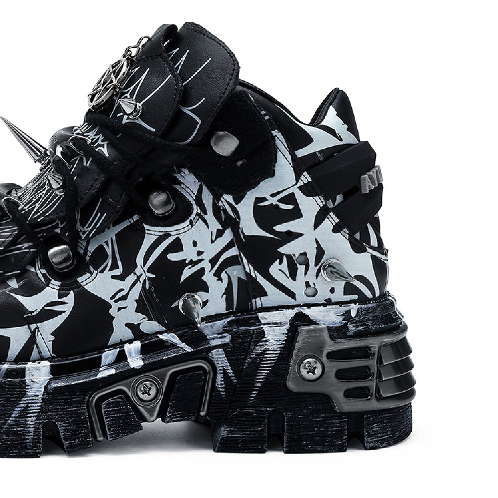Goth Spike Sneakers Pentagram Black White