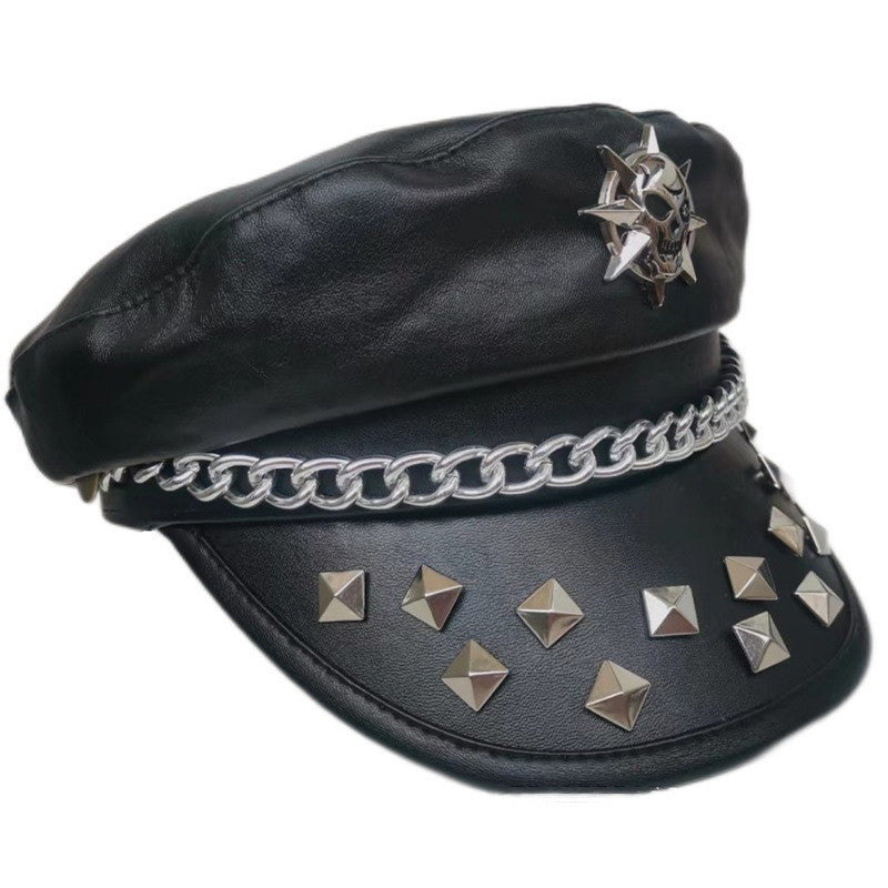 black Goth Studded Cap Vegan Leather
