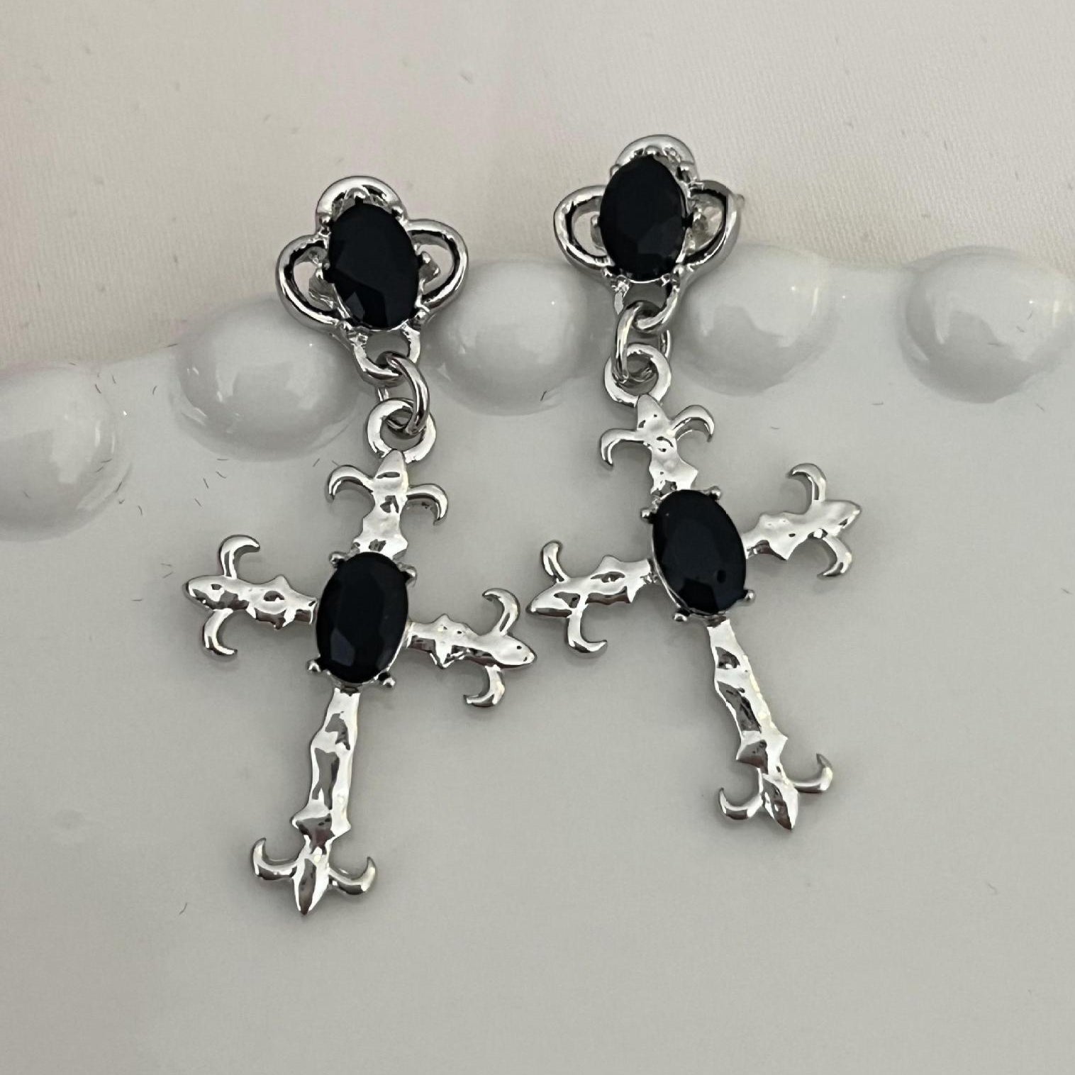 Goth Vintage Silver Cross Earrings Black Crystals