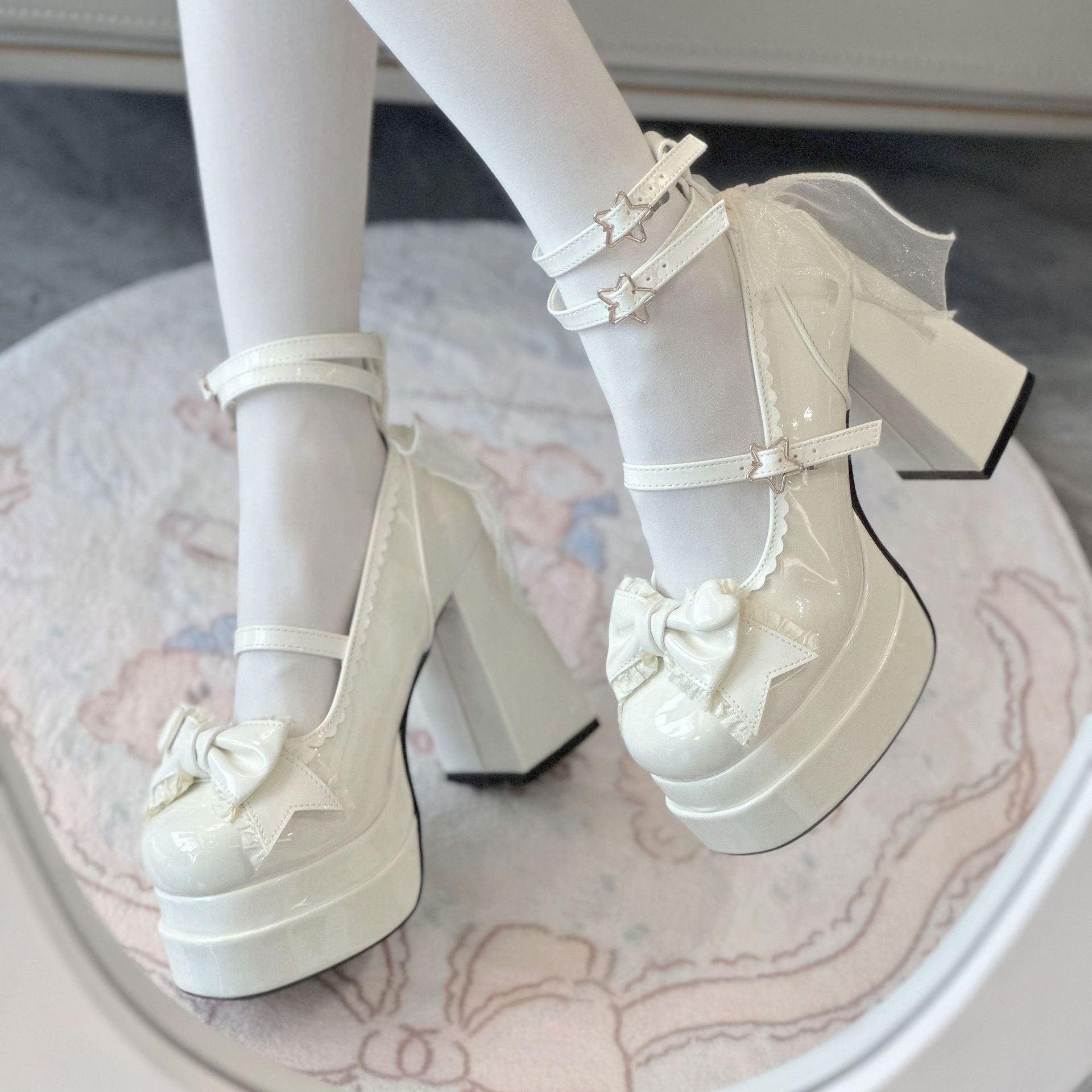 Gothic Bow Lolita Platform Heels white
