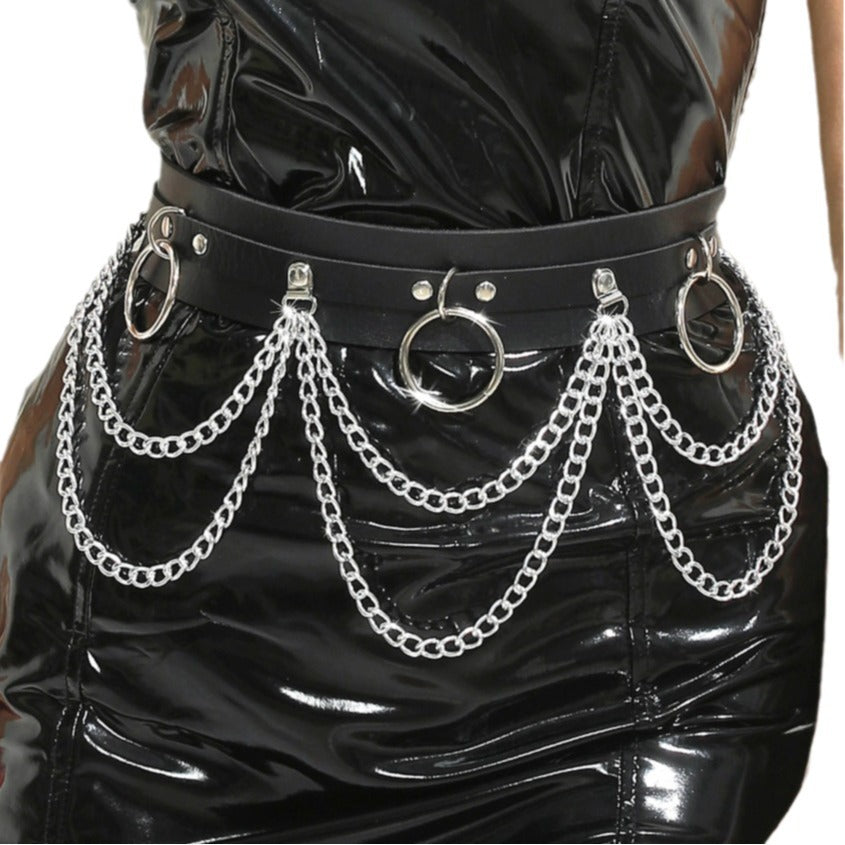 womens Gothic Chain Belt with Metal Rings Vegan Leather