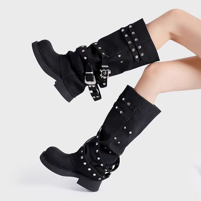 Gothic Flat Studded Boots Womens