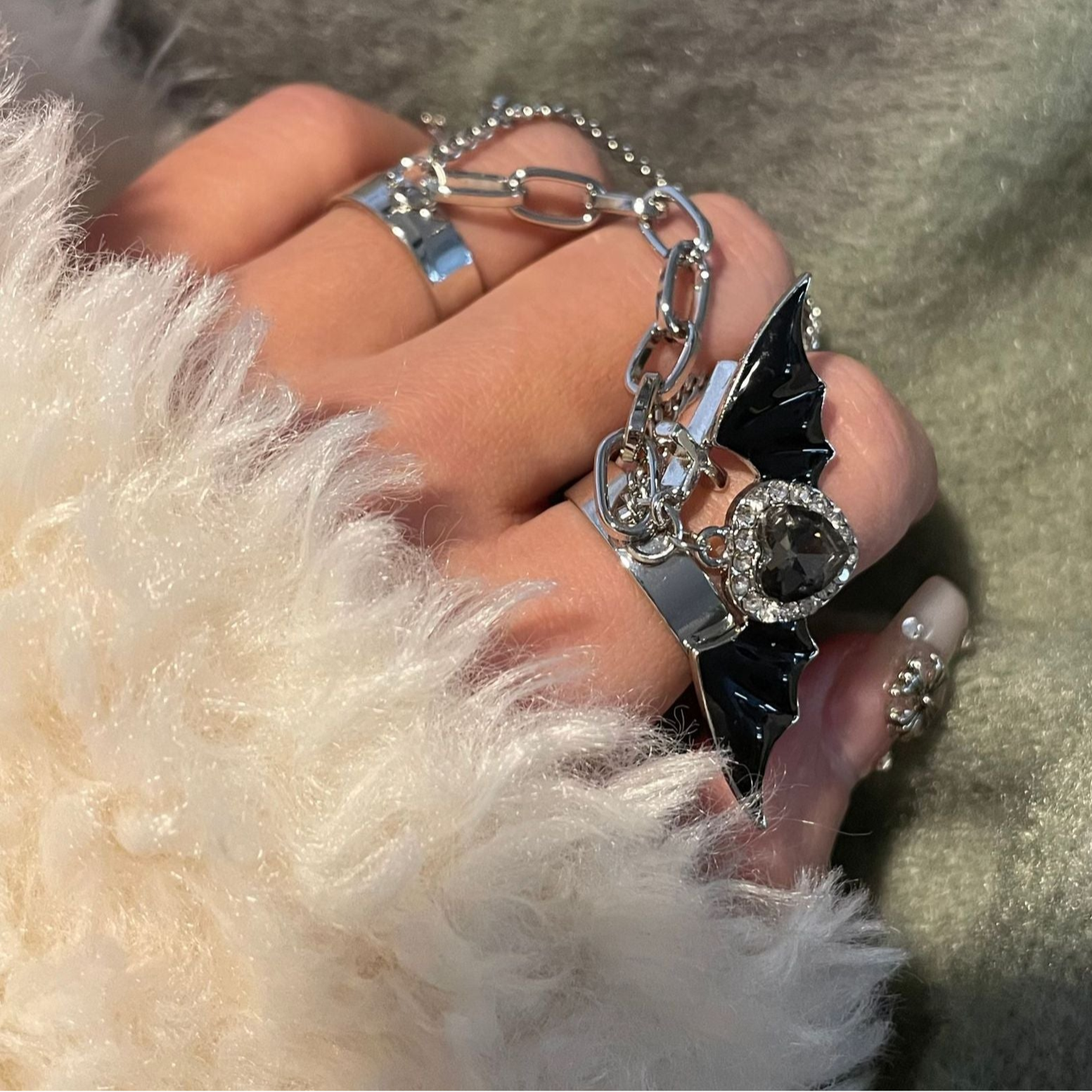 Gothic Hand Jewelry Rings Chain Set Heart Bat