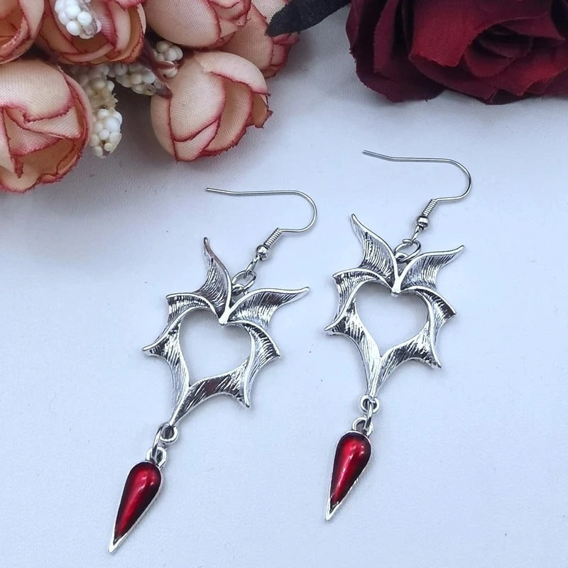 Long Gothic Heart Bat Wing Earrings Red Crystal