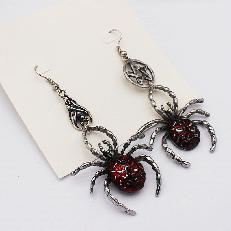 Gothic Long Spider Earrings Black Red