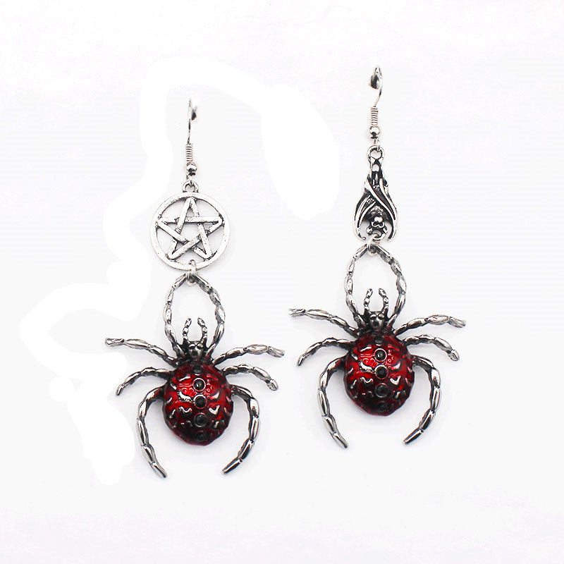 Gothic Long Spider Earrings Black Red