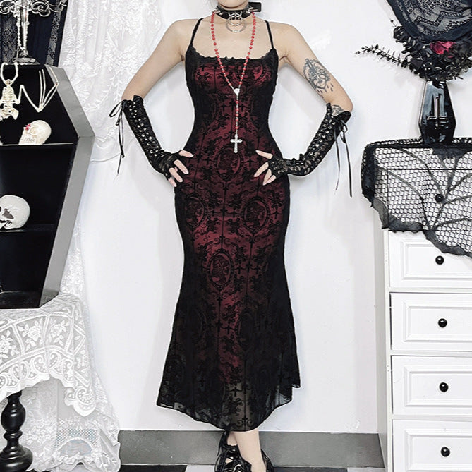 Gothic Midi Dress - Wine Red Lace