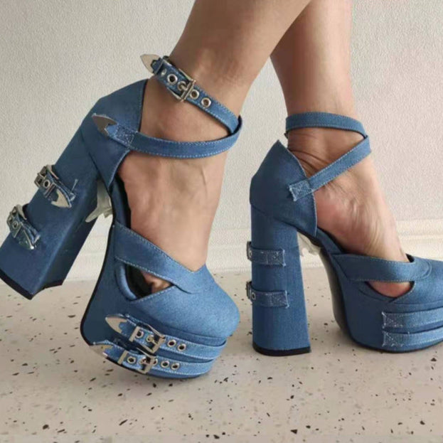 blue denim Gothic Platform High Heels Black Vegan Leather