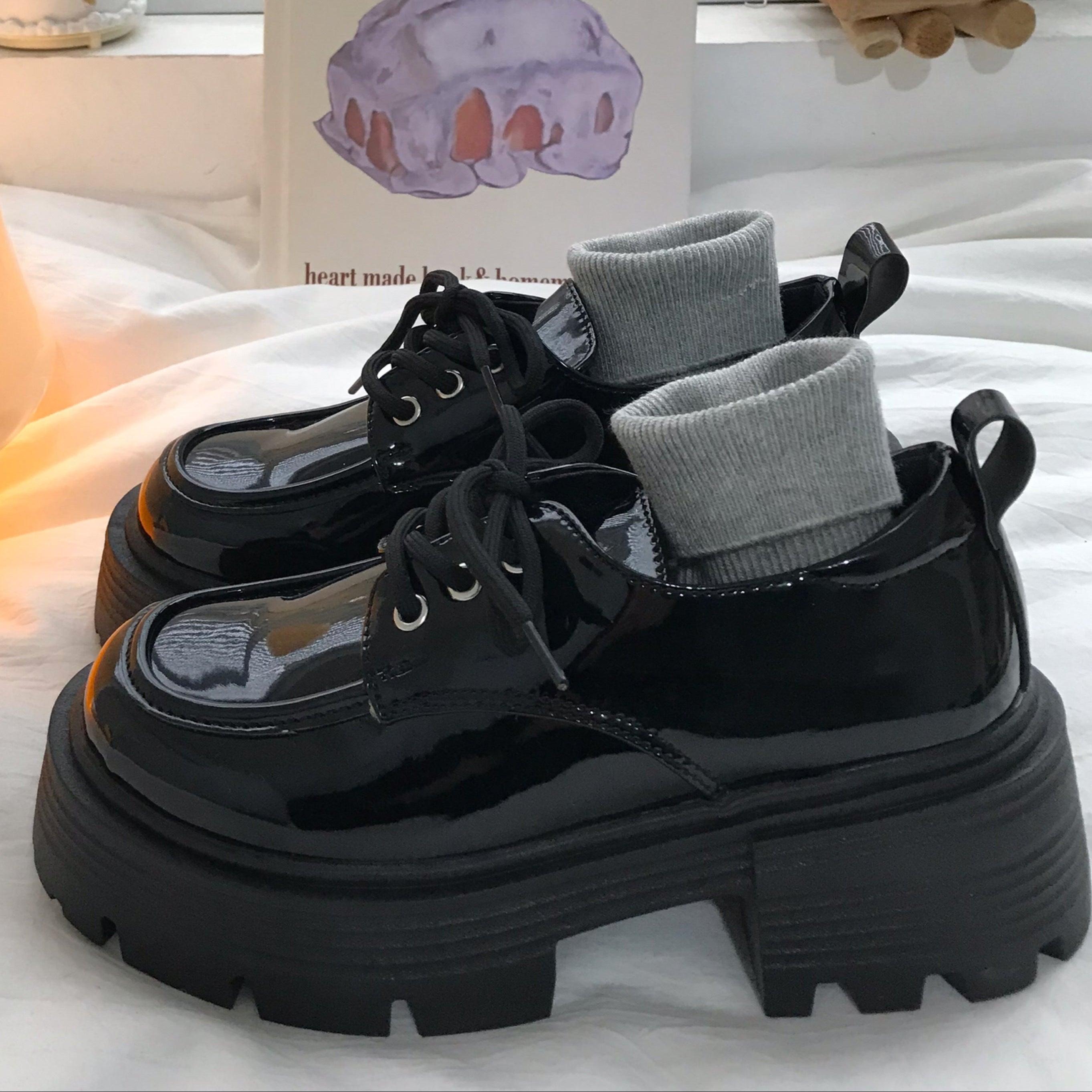 black Gothic Platform Leather Shoes Womens