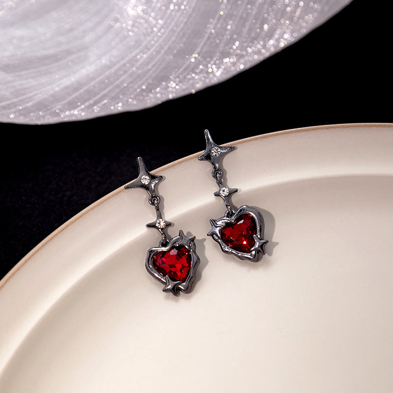 Gothic Red Crystal Heart Earrings Women