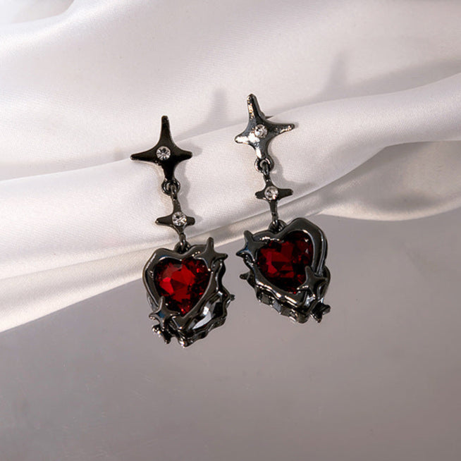 Gothic Red Crystal Heart Earrings Womens