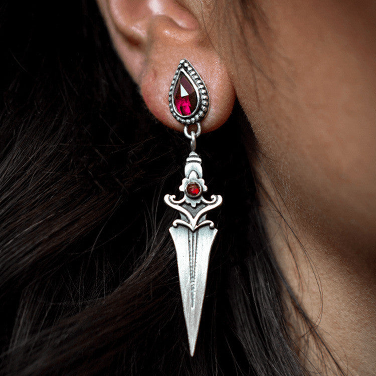 Gothic Red Crystal Sword Earrings