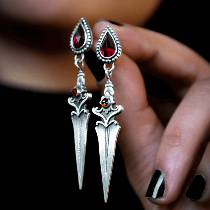 Gothic Red Crystal Sword Earrings