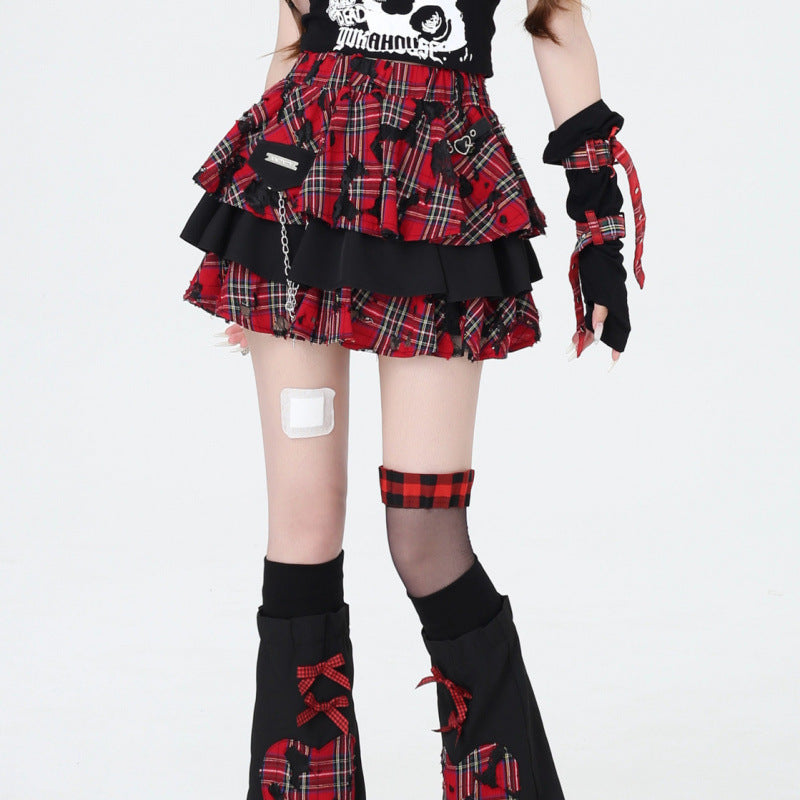 Gothic Red Plaid Skirt with Leg Warmers