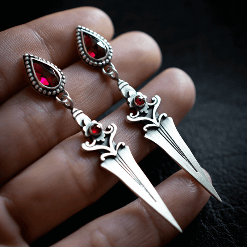 Gothic Red Crystal Sword Earrings