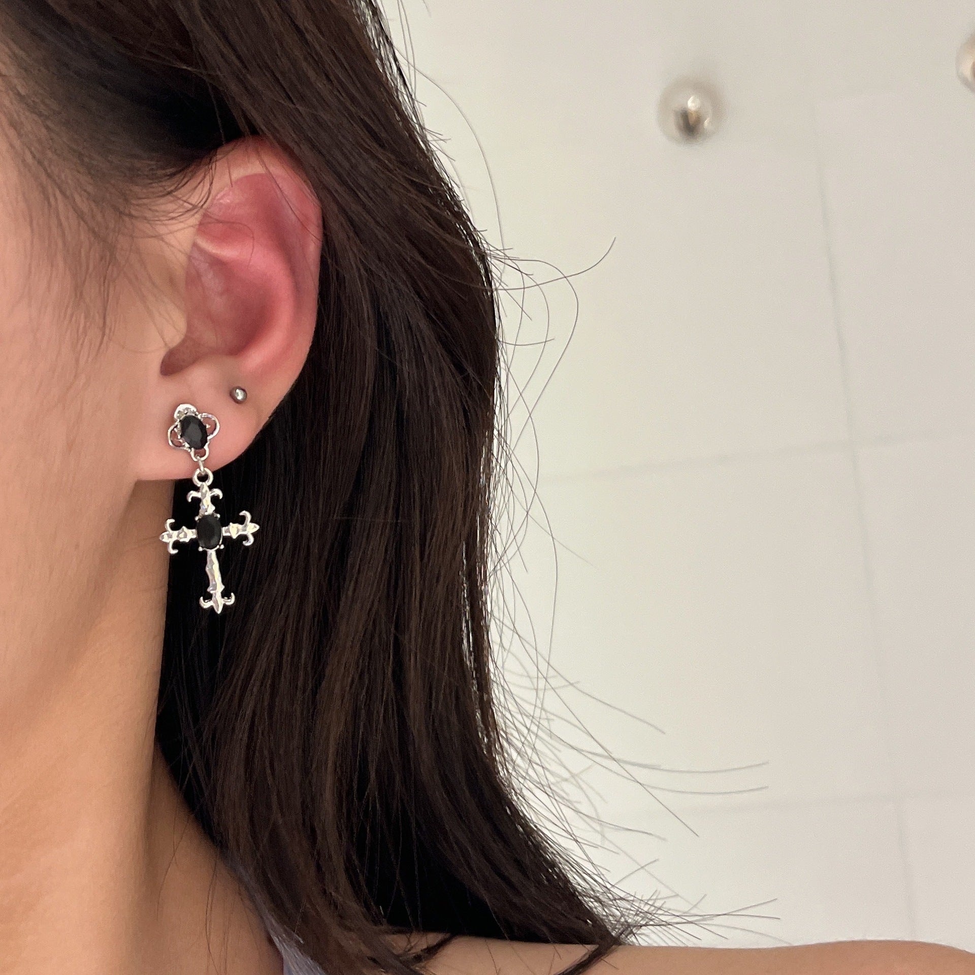 Gothic Vintage Silver Cross Earrings Black Crystals