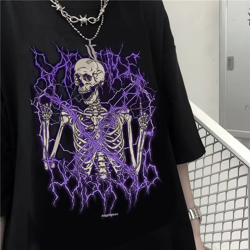 black Gothic Skeleton T-Shirt for Women - Black Purple Print