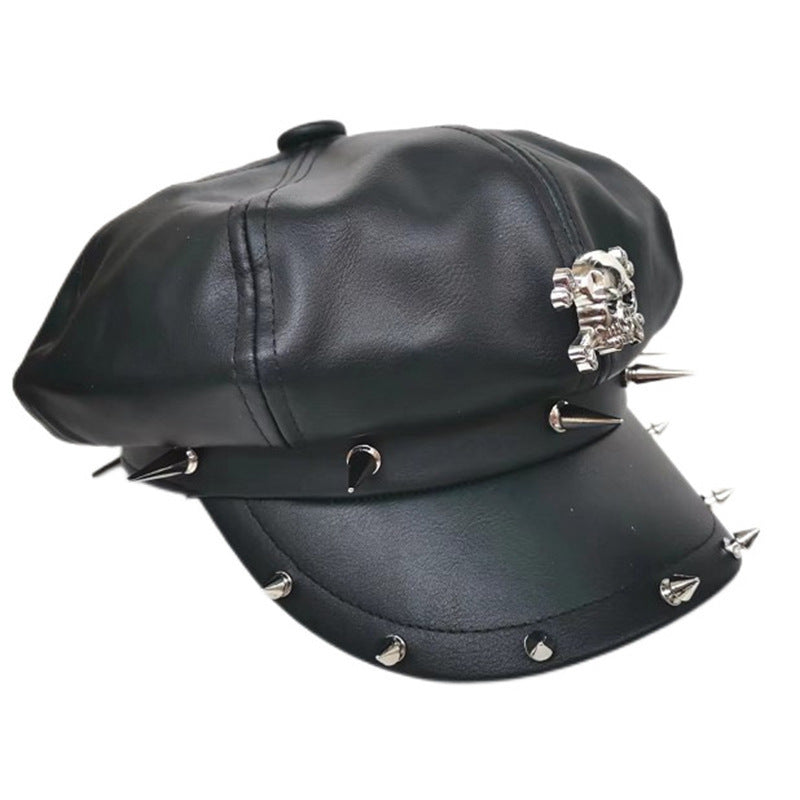 Goth Skull Studded Cap Black Vegan Leather