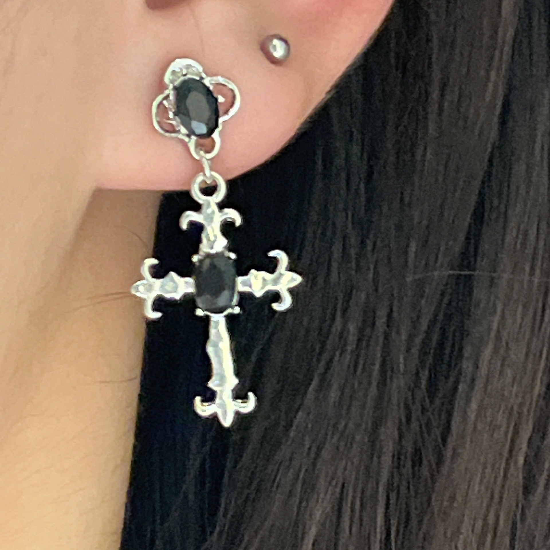 Gothic Vintage Silver Cross Earrings Black Crystals