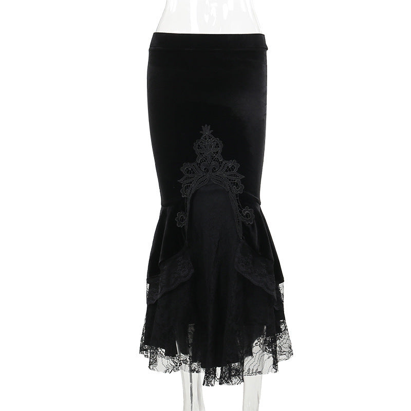 ruffle Gothic Fishtail Skirt Velvet Black