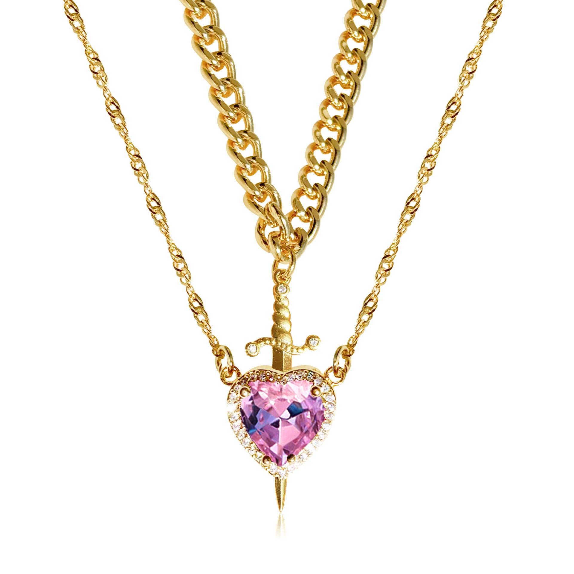 Gothic Heart Dagger Sword Necklace pink