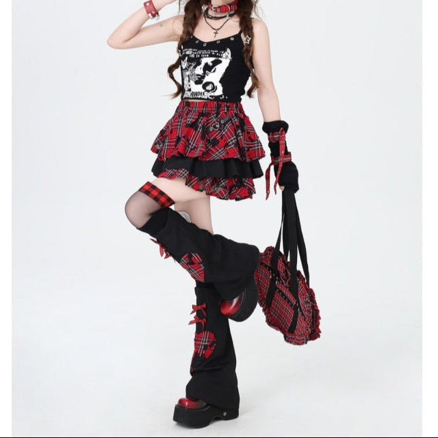 punk Gothic Red Plaid Skirt with Leg Warmers