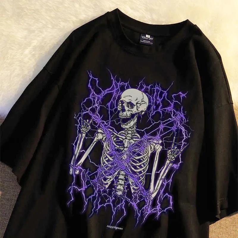 unisex Gothic Skeleton T-Shirt for Women - Black Purple Print