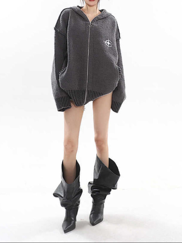 cardigan Gray Alt Goth Zip Up Hoodie Knitted for Women
