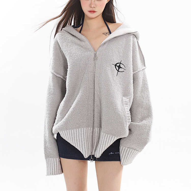 Gray Alt Goth Zip Up Hoodie Knitted for Women
