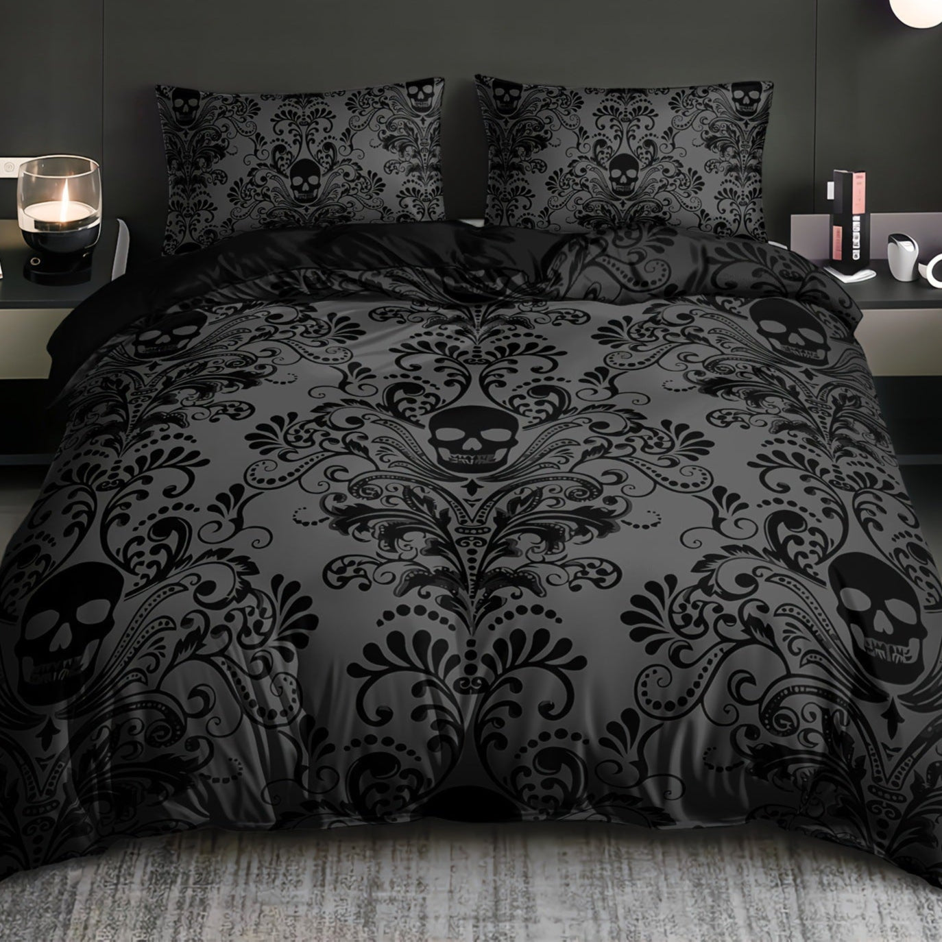 punk Gray Romantic Goth Bedding Set with Floral Skull Design
