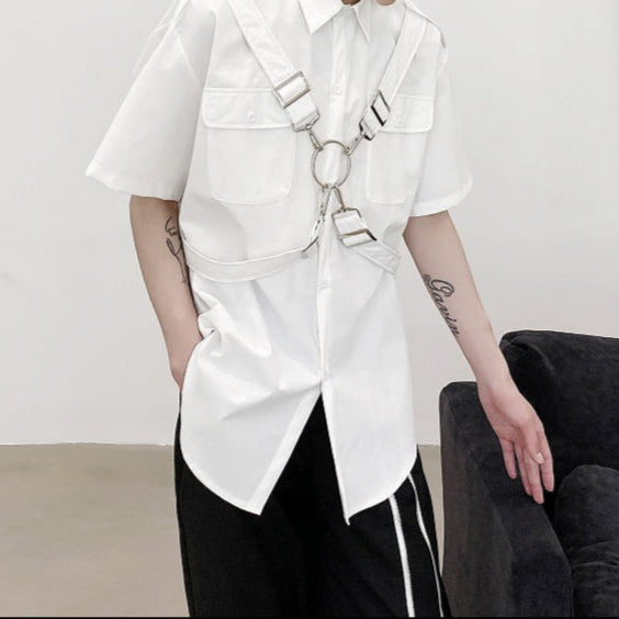 Hardcore Short Sleeve Shirt Mens white with meta ring chest chains