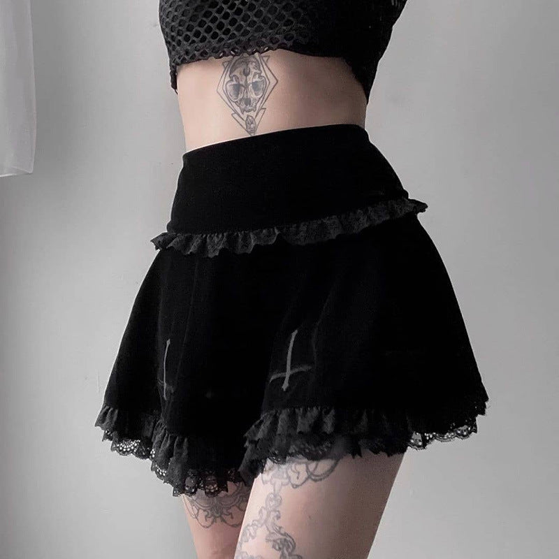 Inverted Cross Black Velvet Short Skirt