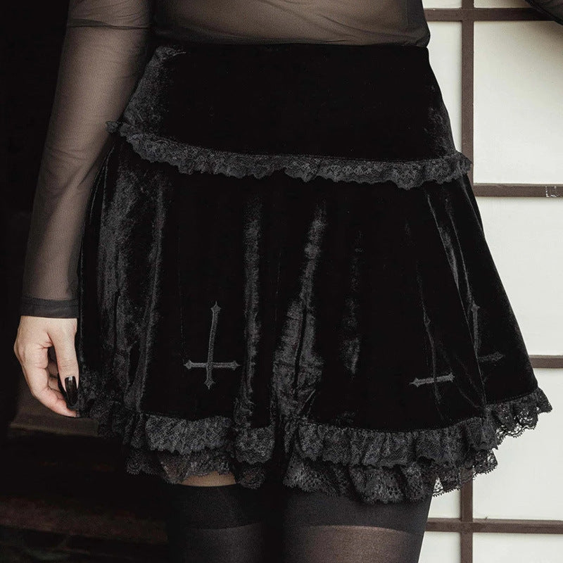 Inverted Cross Black Velvet Skirt