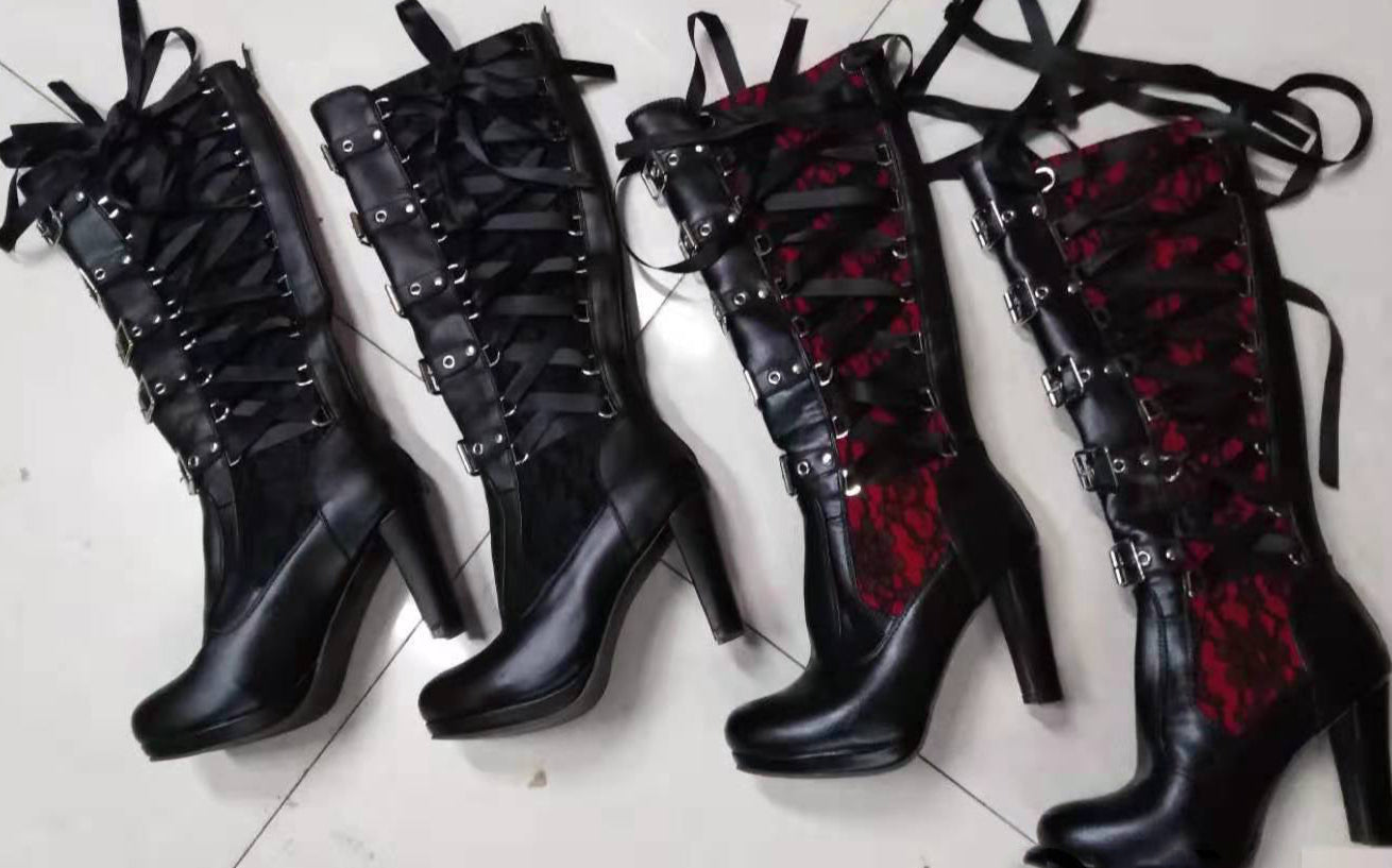 Ribbon Lace High Heel Boots Goth Style