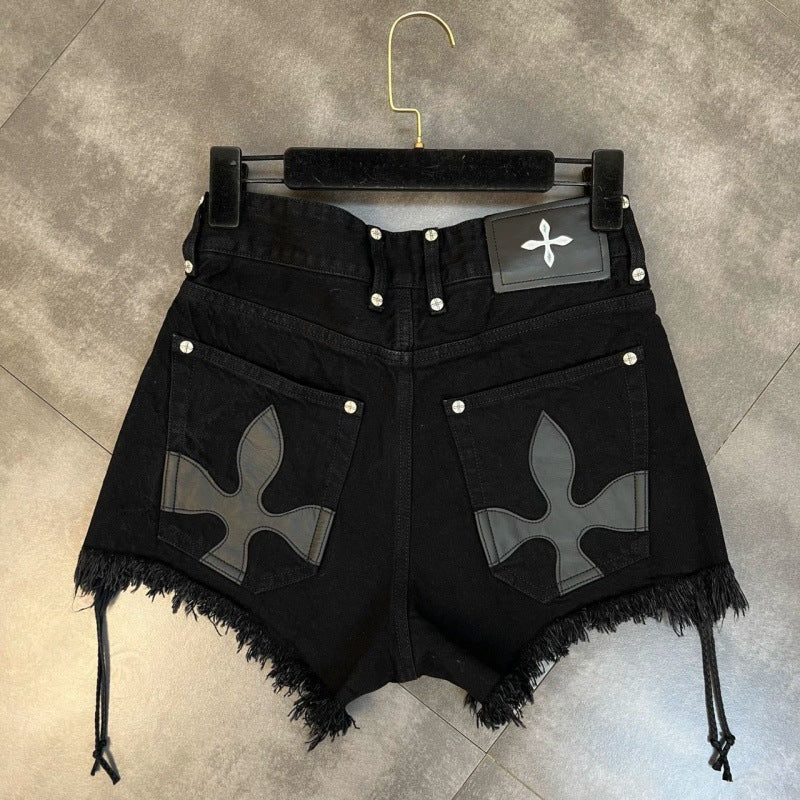 Lace Up Black Denim Shorts for Women