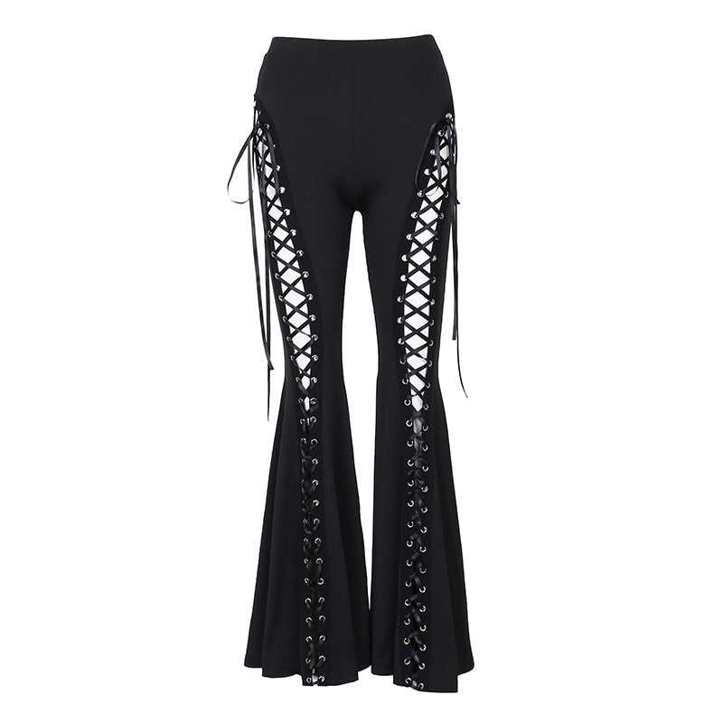 Black Flared Lace Up Pants for Women