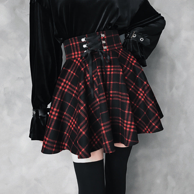 Lace Up Waist Corset Plaid Skirt