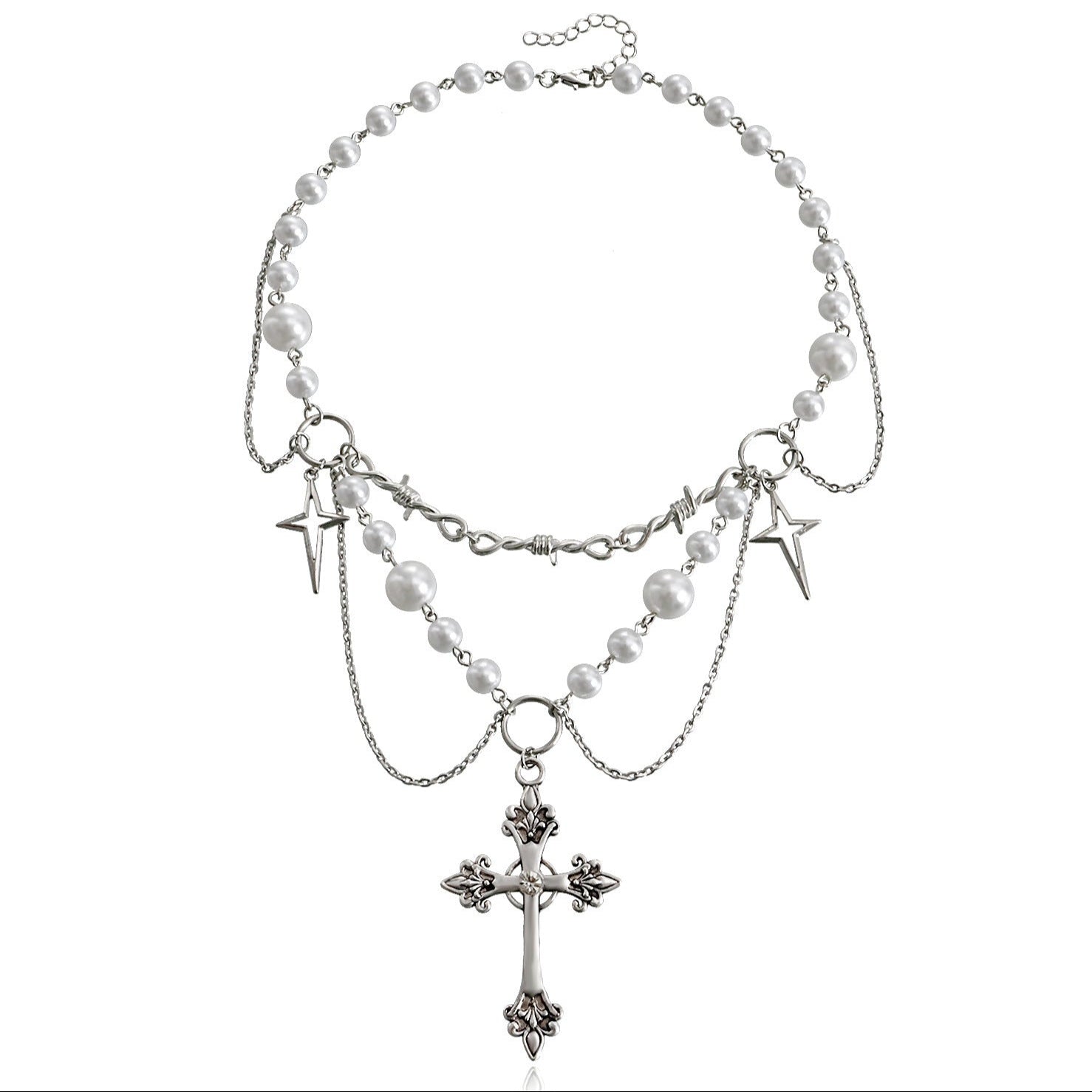 Layered Pearl Cross Necklace
