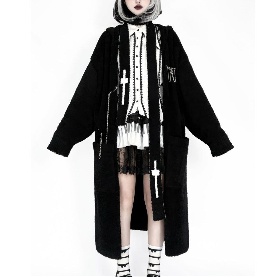 Long Black Goth Cardigan with Cross Womens maxi scarf set