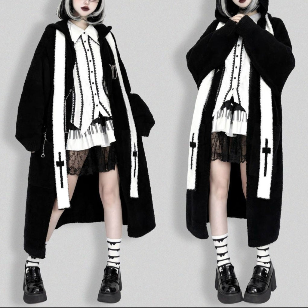 Long Black Gothic Cardigan with Cross Womens