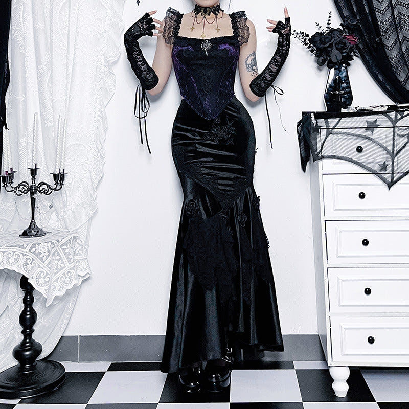 Long Black Gothic Skirt - Velvet Roses