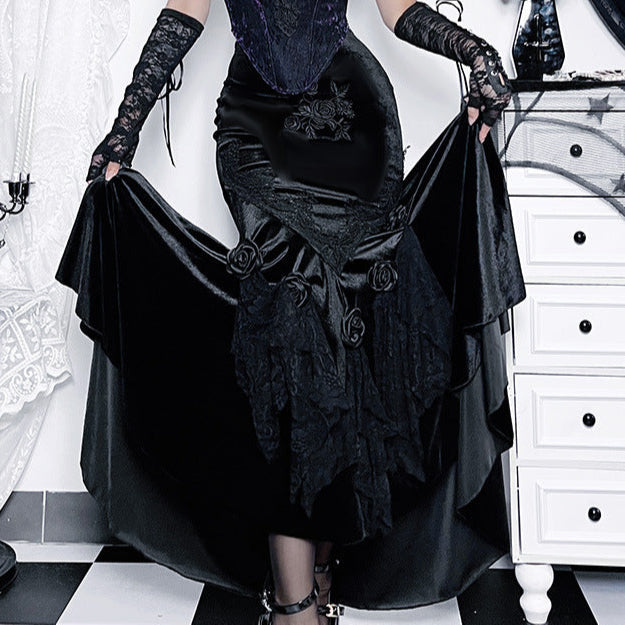 Long Black velvet Skirt - Velvet Roses
