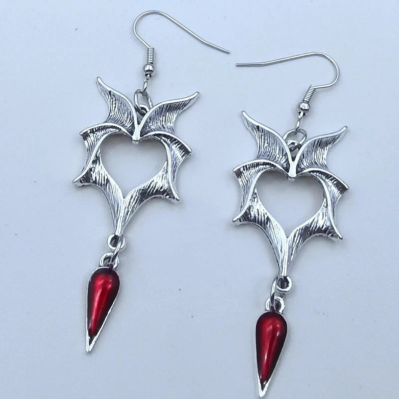 Long Gothic Heart Bat Wing Earrings Red Crystal