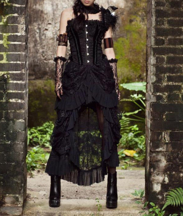 Long Goth Victorian Skirt Black with Lace