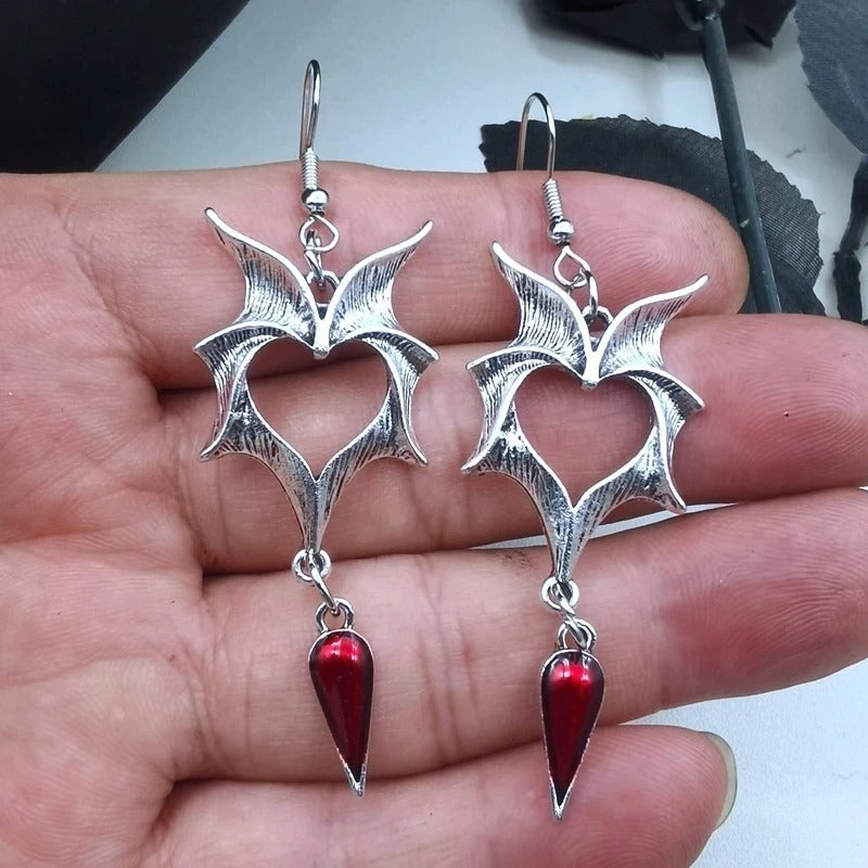 Long Gothic Heart Bat Wing Earrings Red Crystal